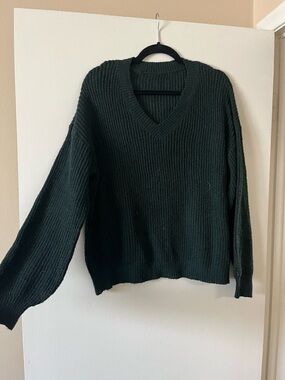 SHEIN Dark Green V-Neck Ribbed Knit Sweater